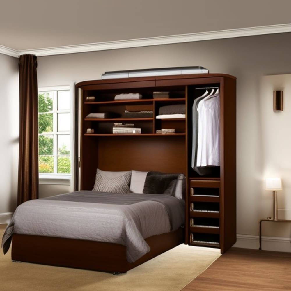 Dark wooden cabinet murphy bed with grey sheets in a modern room