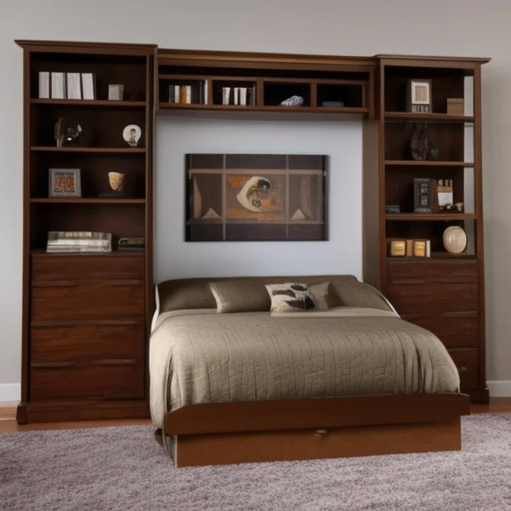 Murphy bed with dark wooden drawers and shelves has decorative items