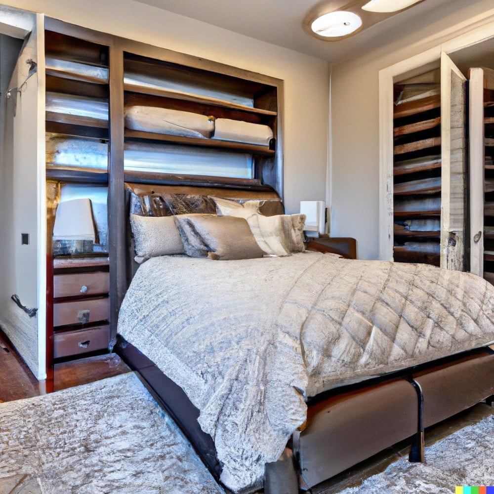 A murphy bed folded out in elegant light wood bedroom