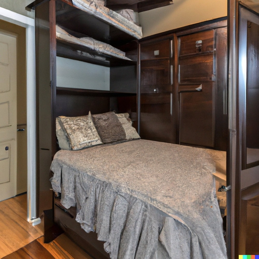 A murphy bed that folds into the closet in dark wood bedroom