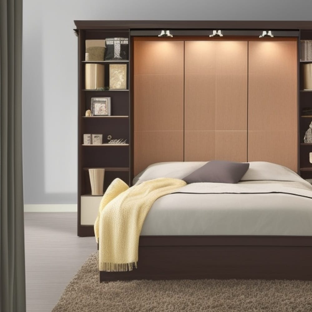 Spotlight folded out murphy bed with grey sheets next to long narrow bookcase