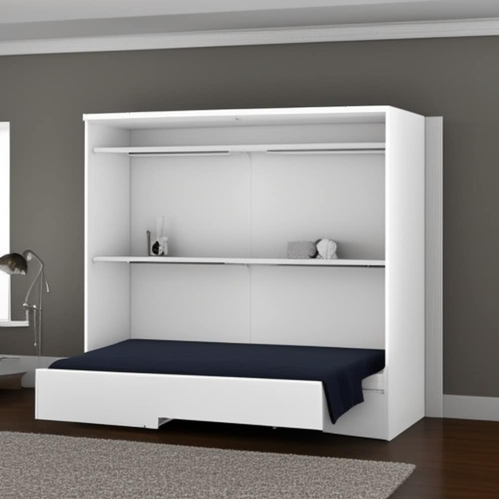 White murphy bed closet and black sheet bed in a room