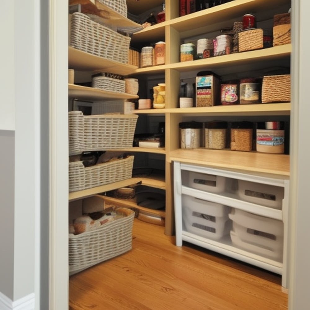 Wooden floor small walk in pantry with food shelves and bins