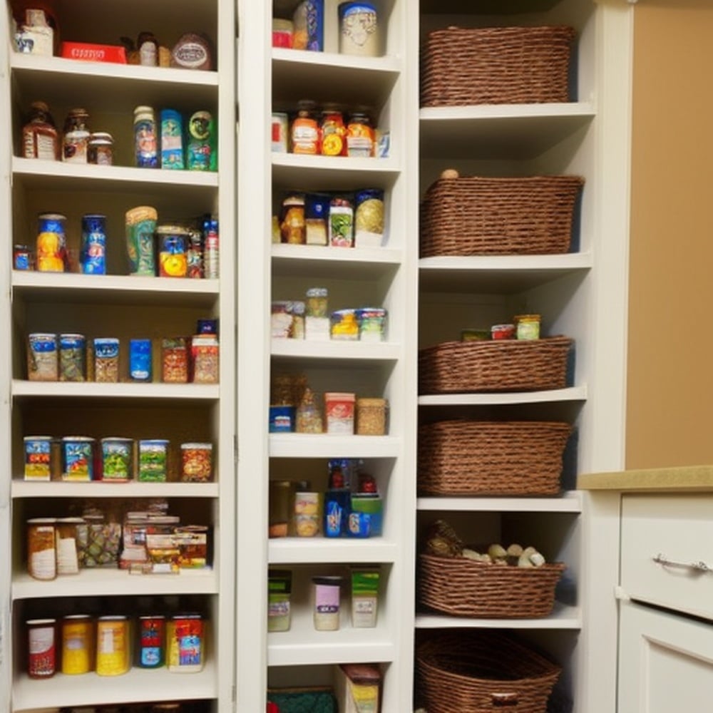 Food and kitchen items on white pantry shelves