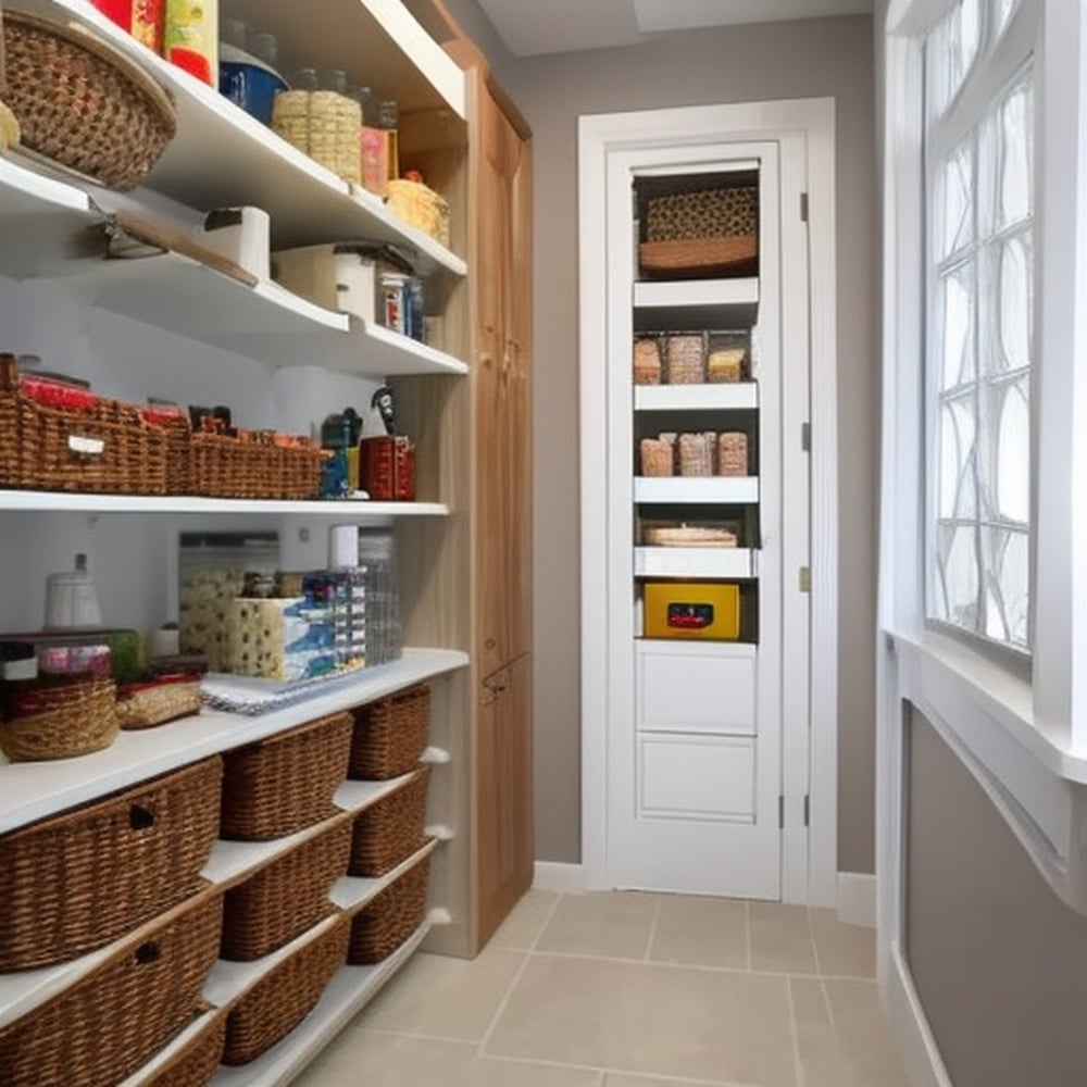 Butlers pantry with full high and low wall shelves and white counter