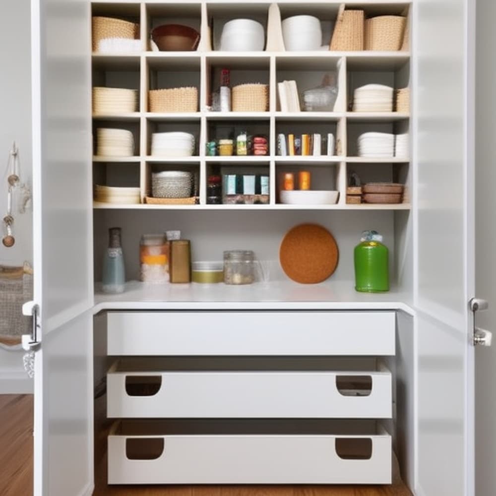 White larder cupboard with open doors and full of food