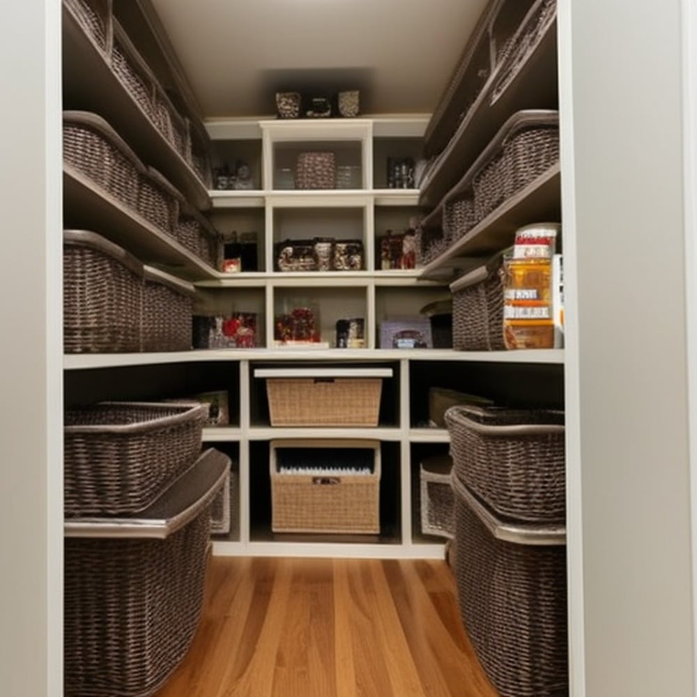 Wooden floor walk in butlers pantry with dark storage bins on shelves