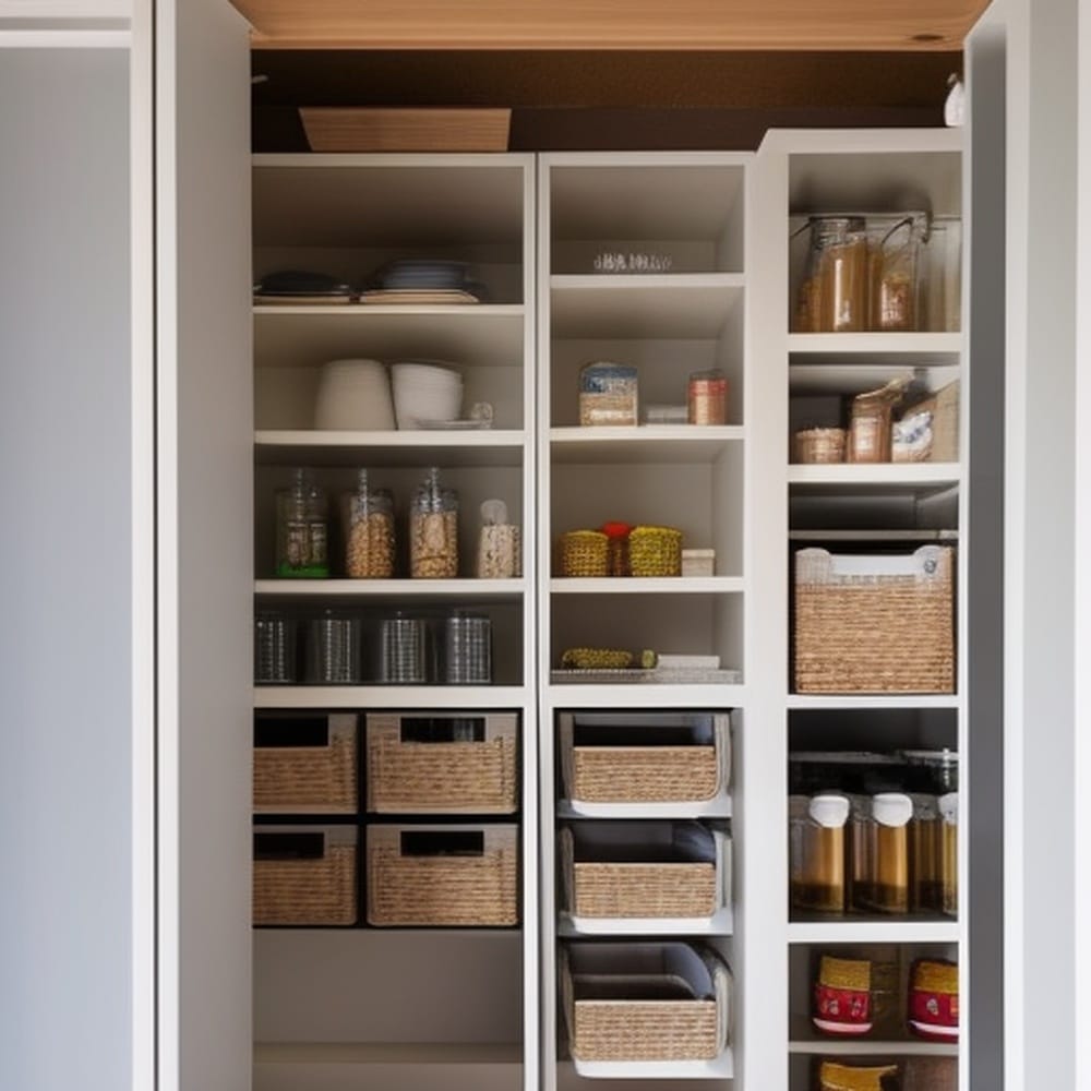 Long pantry cabinet with no doors and has open shelves filled with food jars