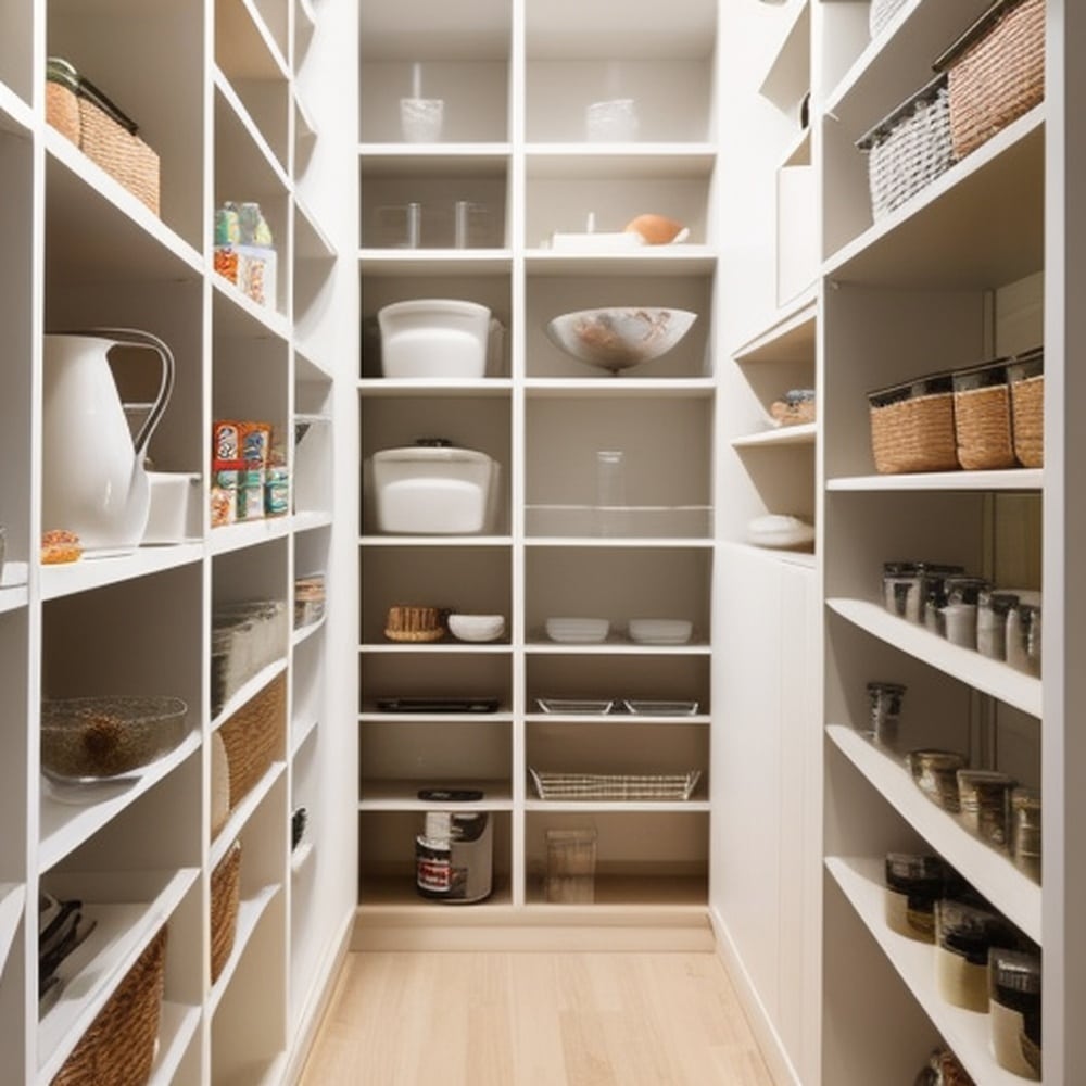 Bright lighted walk in pantry with shelves filled with preserved food