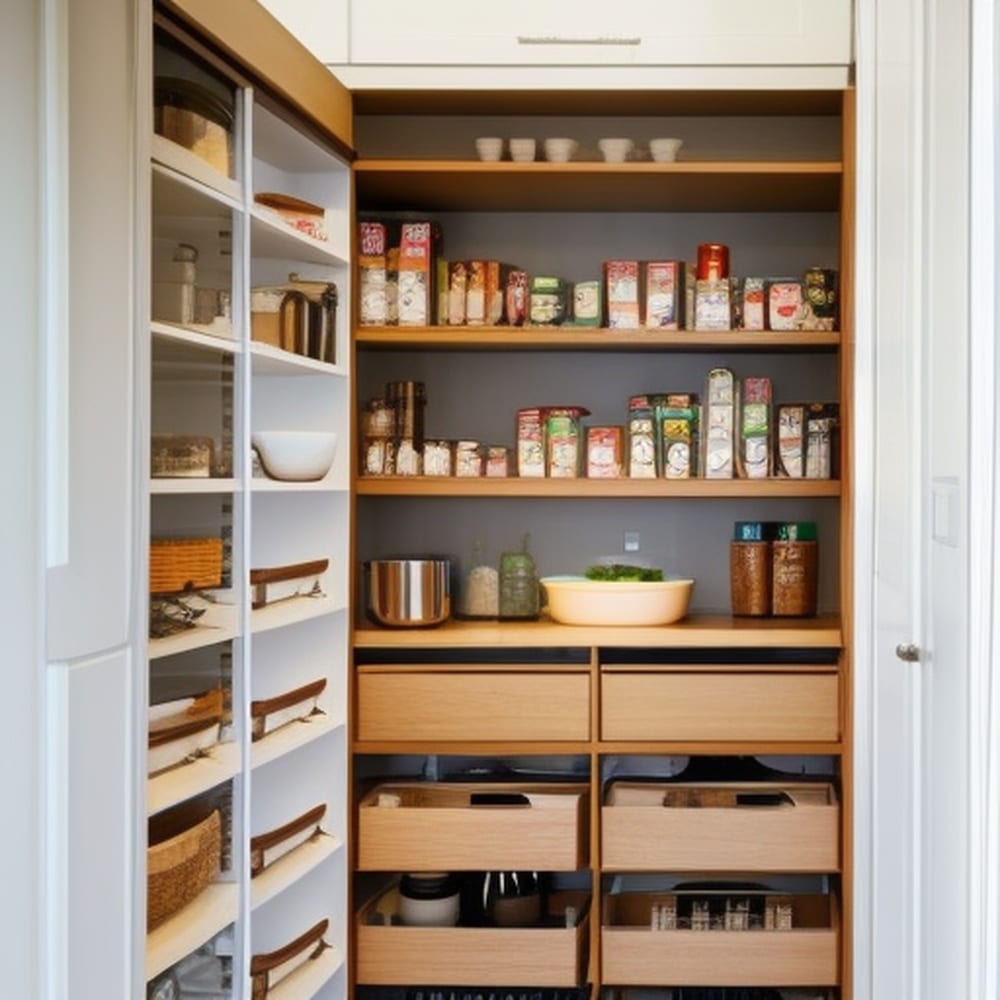 Wooden larder cupboard with storage bins on its shelves