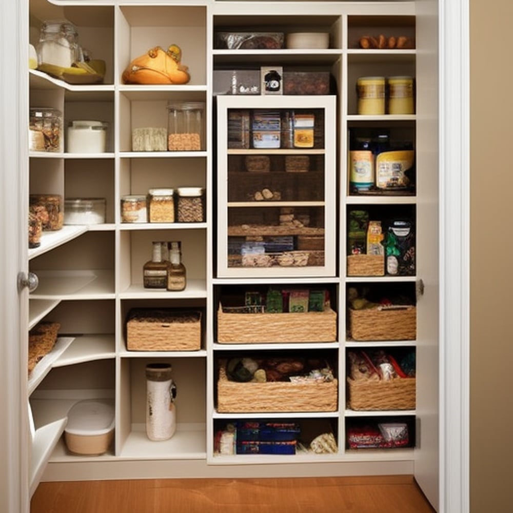 Butlers pantry with built in open shelved cabinets full of food jars and bins