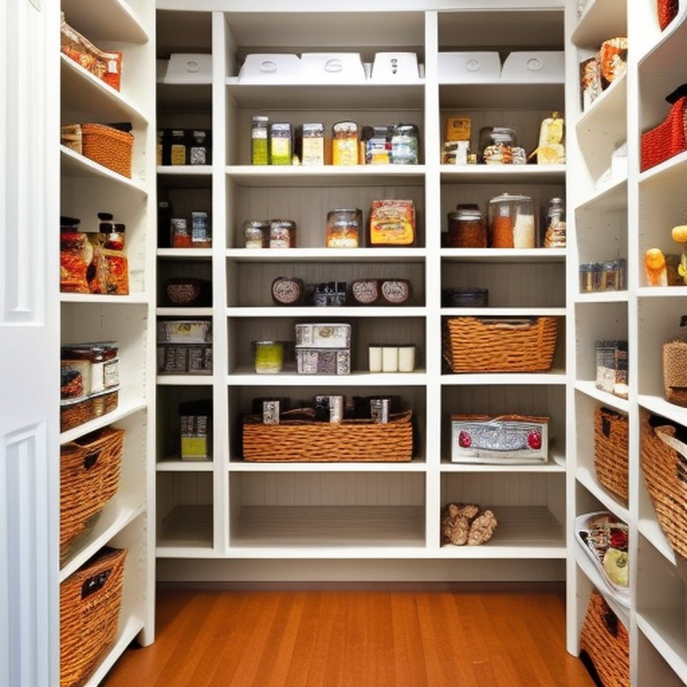 Wooden floor walk in pantry with white full shelves