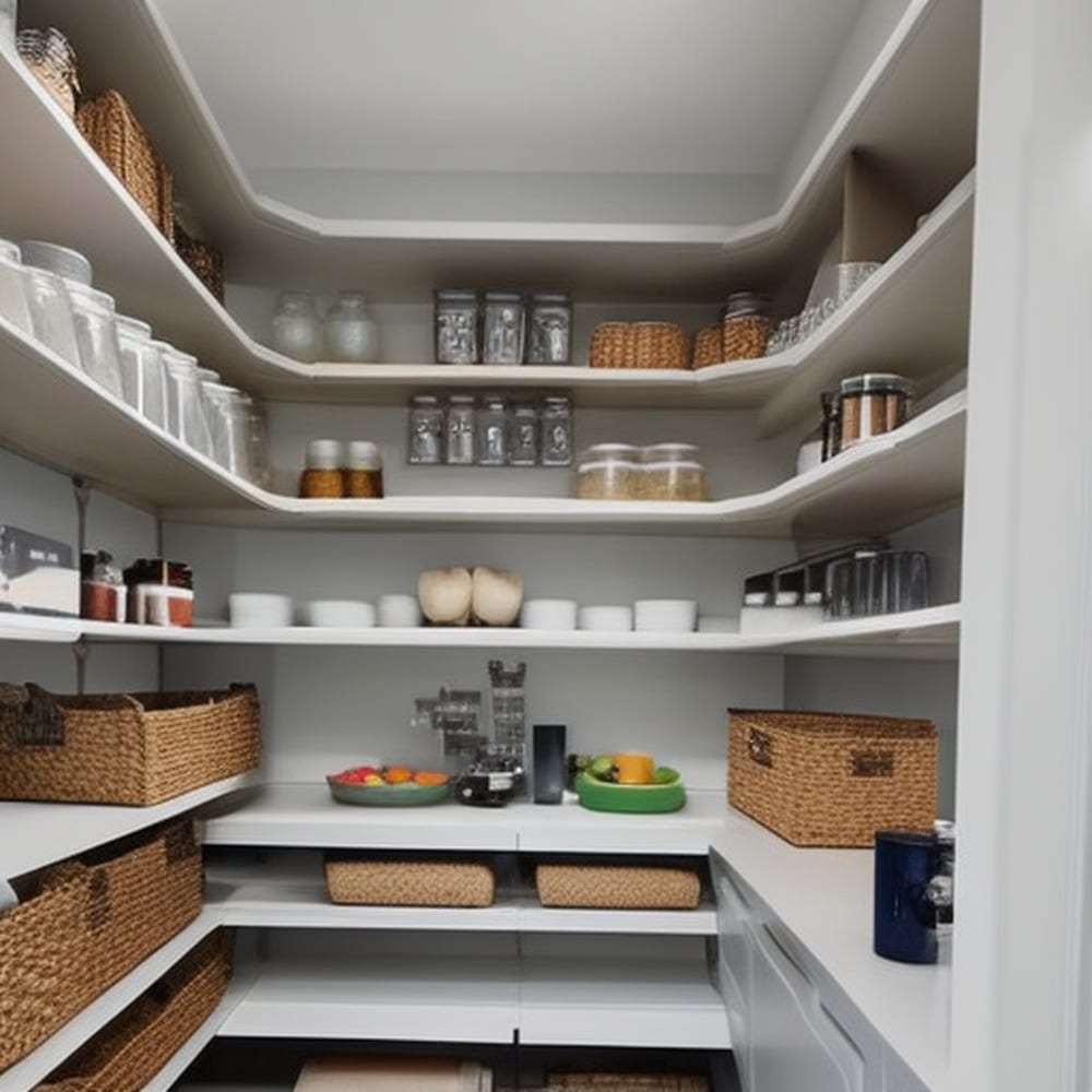 Walk in pantry open shelves hung on the walls and white counter