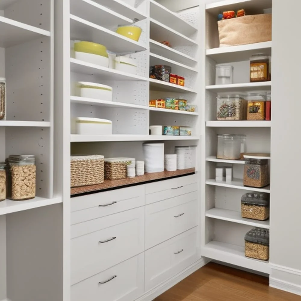 Larder with white shelves and wooden counter white cupboard