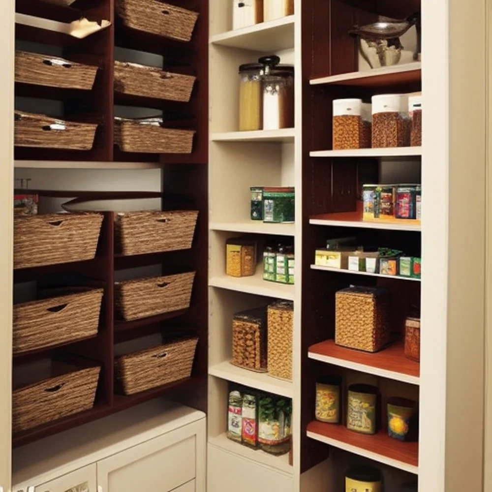 Corner larder with open shelves with storage baskets and food