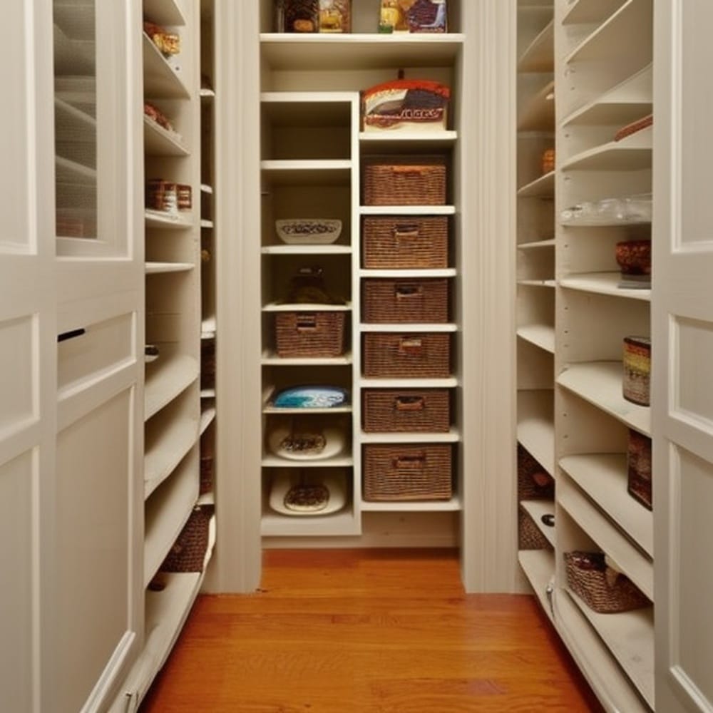 Pantry with white open door and open shelves for food storage