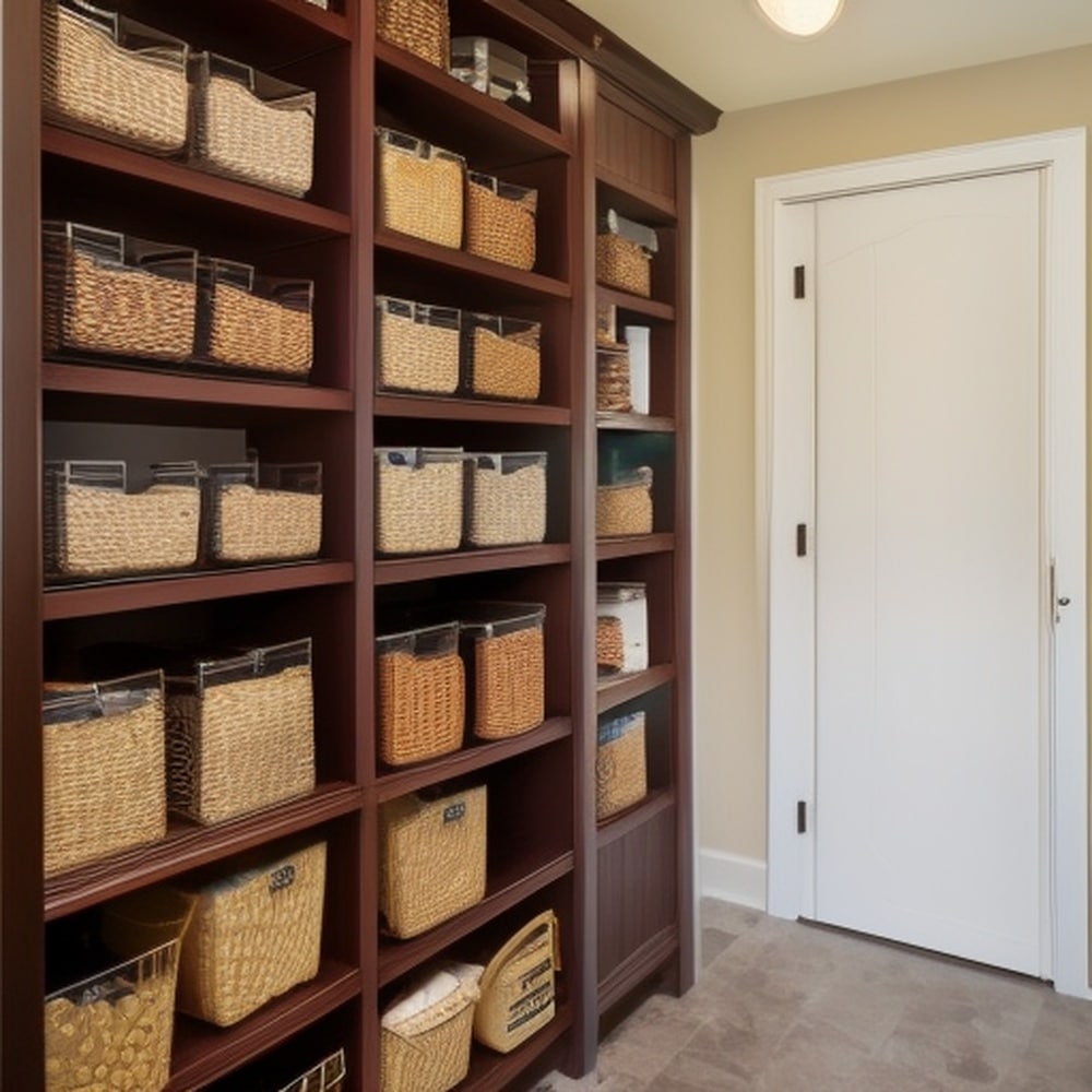 Dark wooden larder with open shelves that has baskets in a room