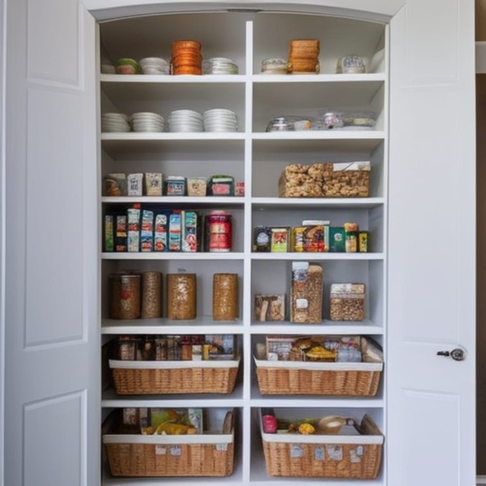 Open door larder with food and jars on its shelves