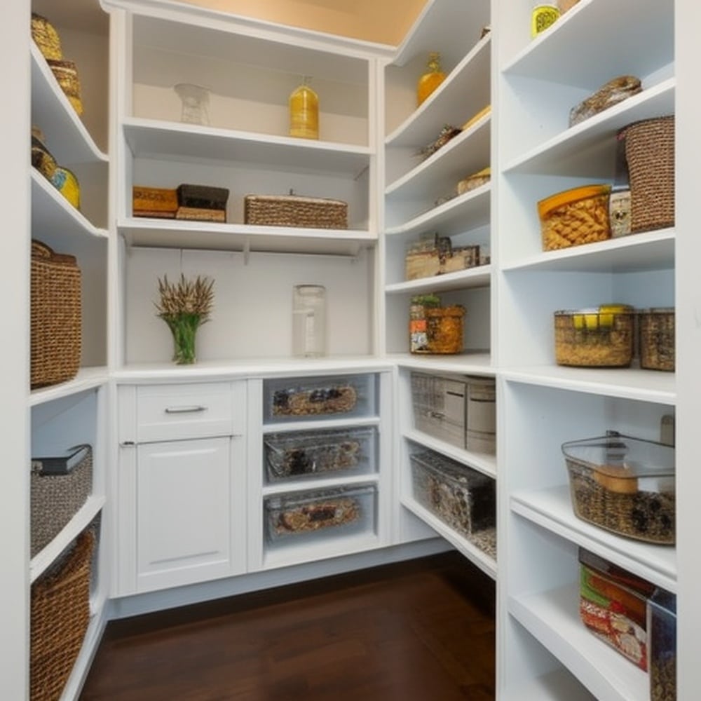 White open shelf larder with preserved food on its shelves