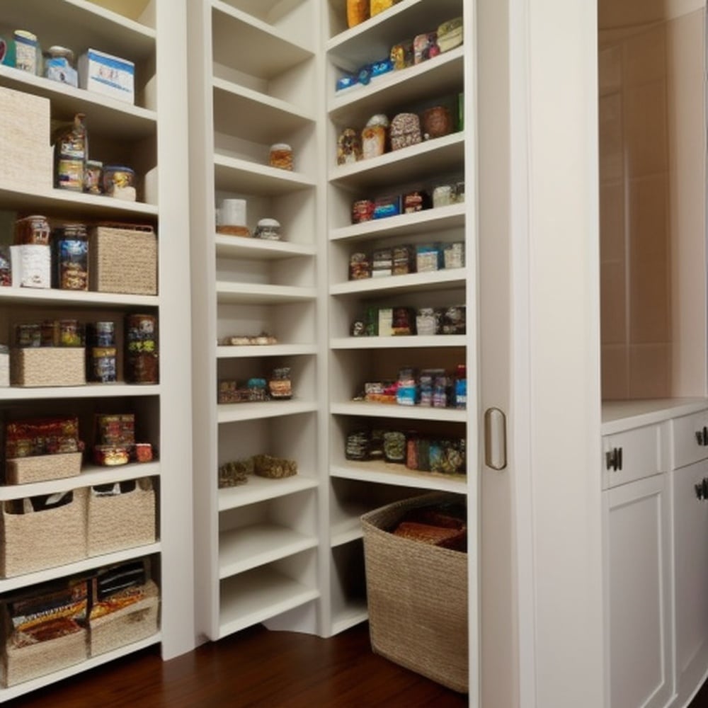 White pantry with shelves at the corner of a room