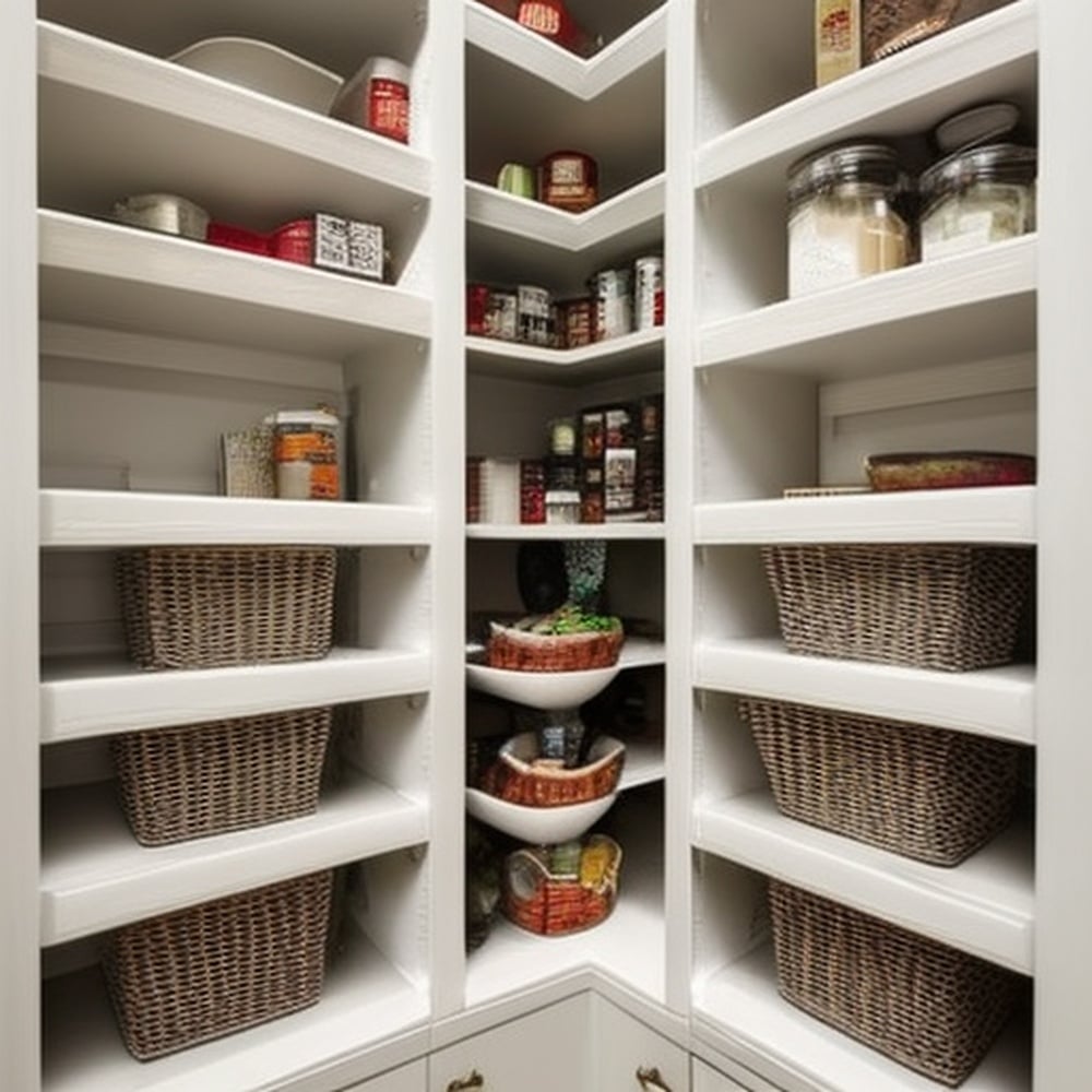 Corner pantry white shelves full of storage bins and food jars