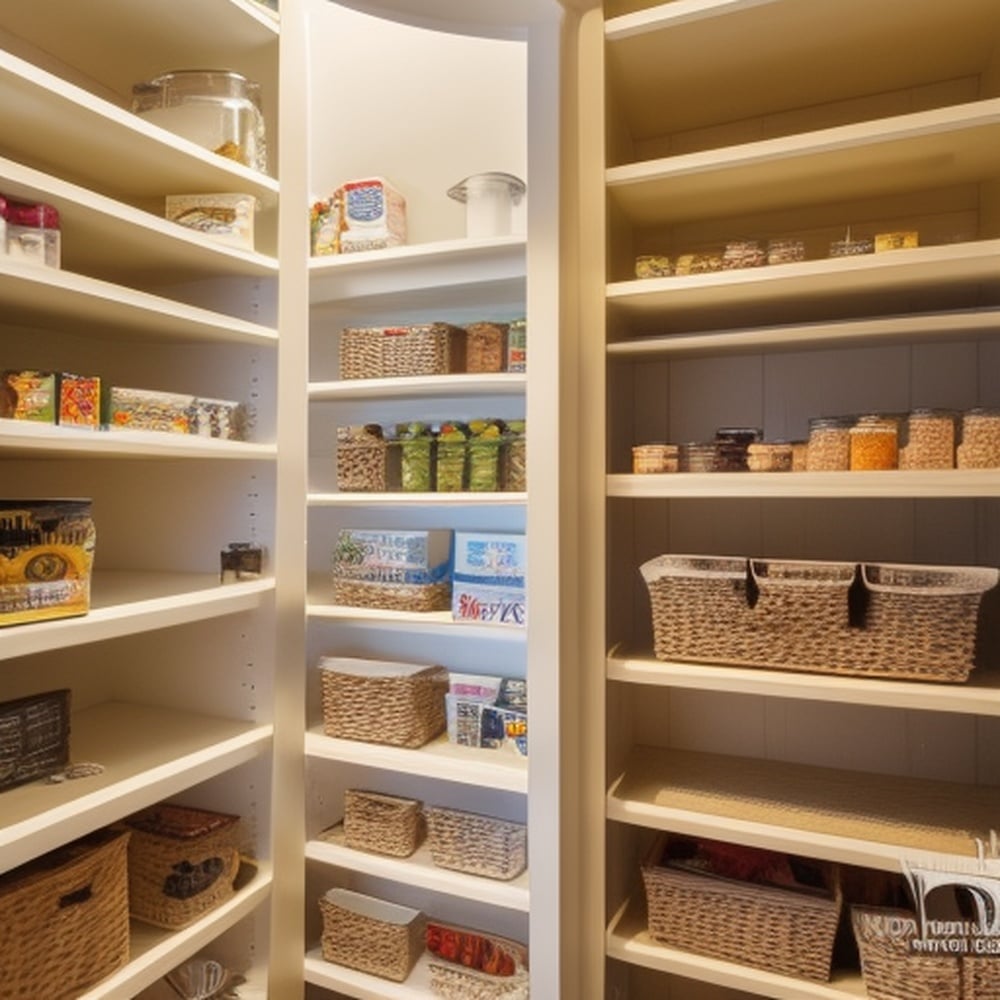 Corner of a pantry with lighted open shelves containing food jars