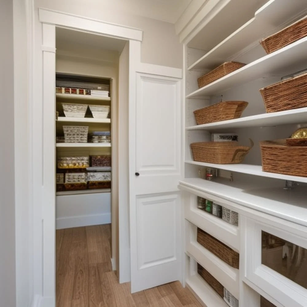 Larder with open shelves next to a door that opens to a walk in pantry