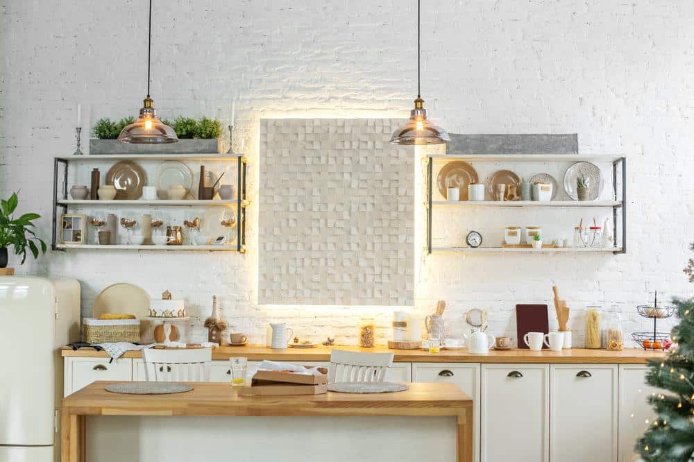 White and wood multi-section pantry cabinet and shelf