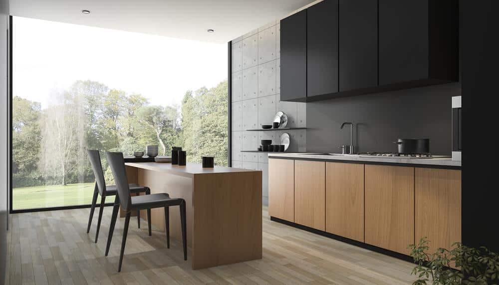 Modern kitchen design with black cabinets and dark island on the middle