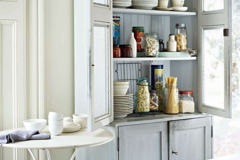 Pantry cabinet with gray doors