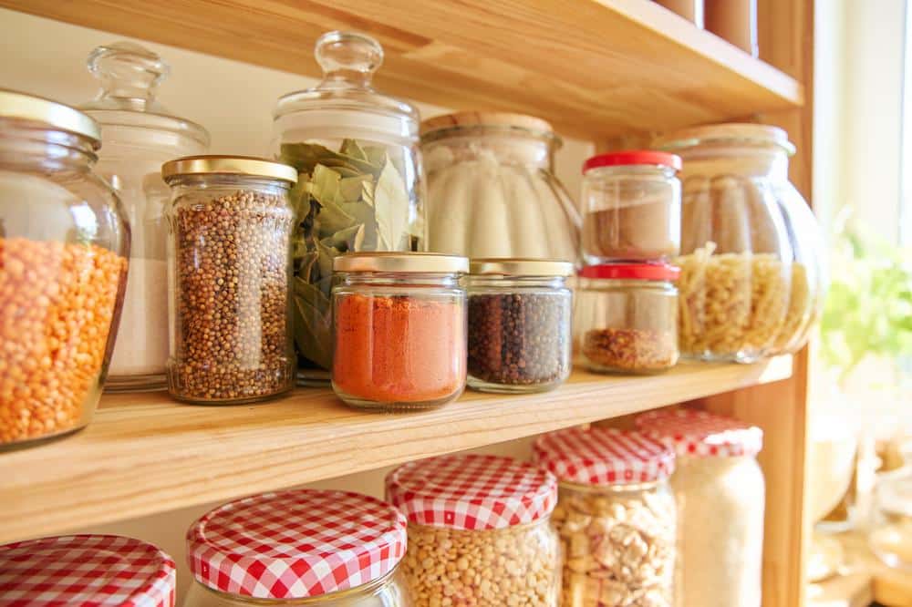 Wooden pantry shelf and foods