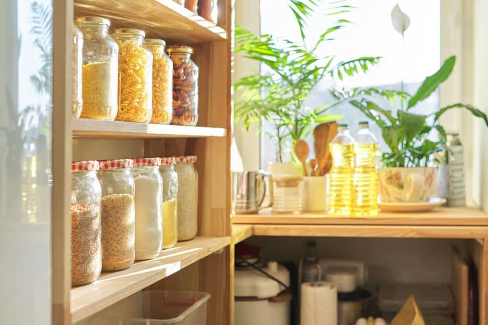 Pantry glass jar wood shelf organize
