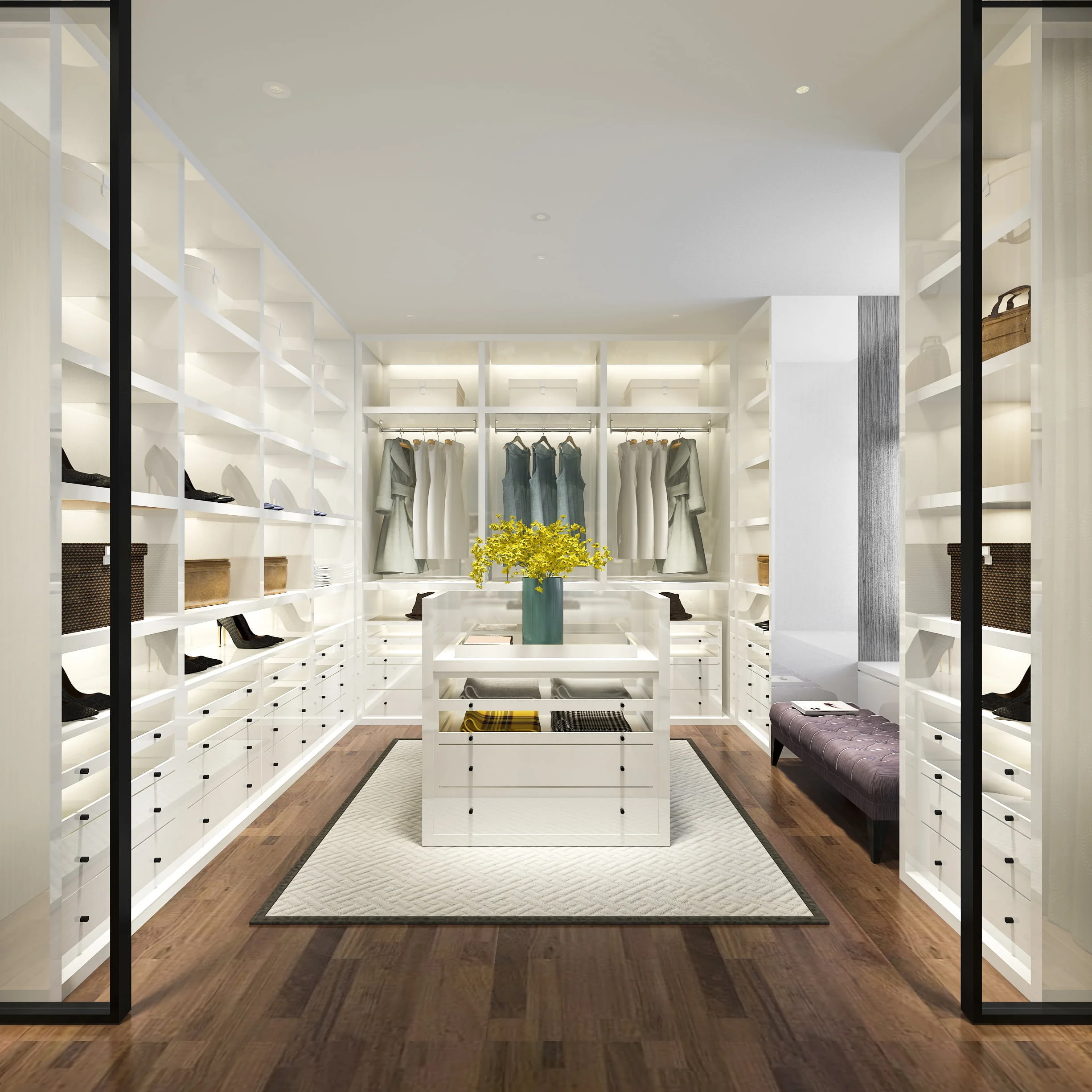 modern luxurious closet that has shelves at every wall and island in the middle