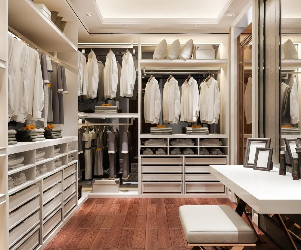Glamorous luxury walk-in closets with open shelves