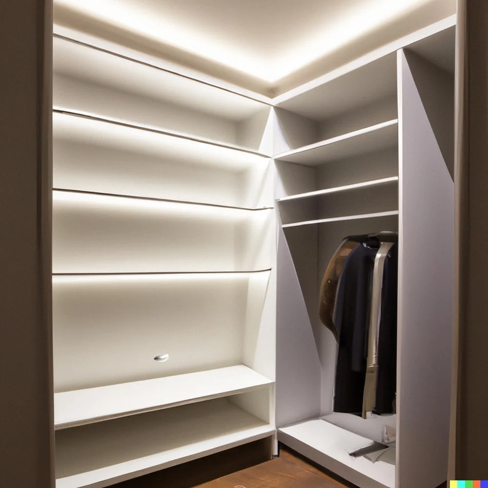 Empty, white, walk-in closet with lights