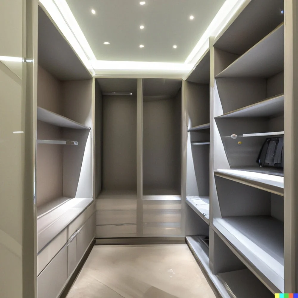 Gray walk-in closet with lit up shelves
