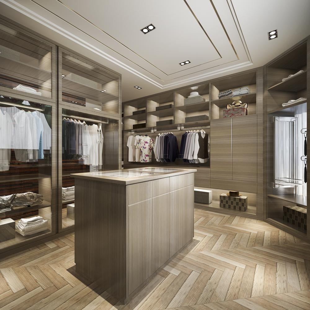 Large shoe cabinets with luxury walk-in closet island