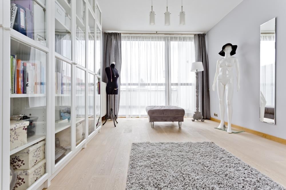 Natural lighted room with glass doored reach-in closets