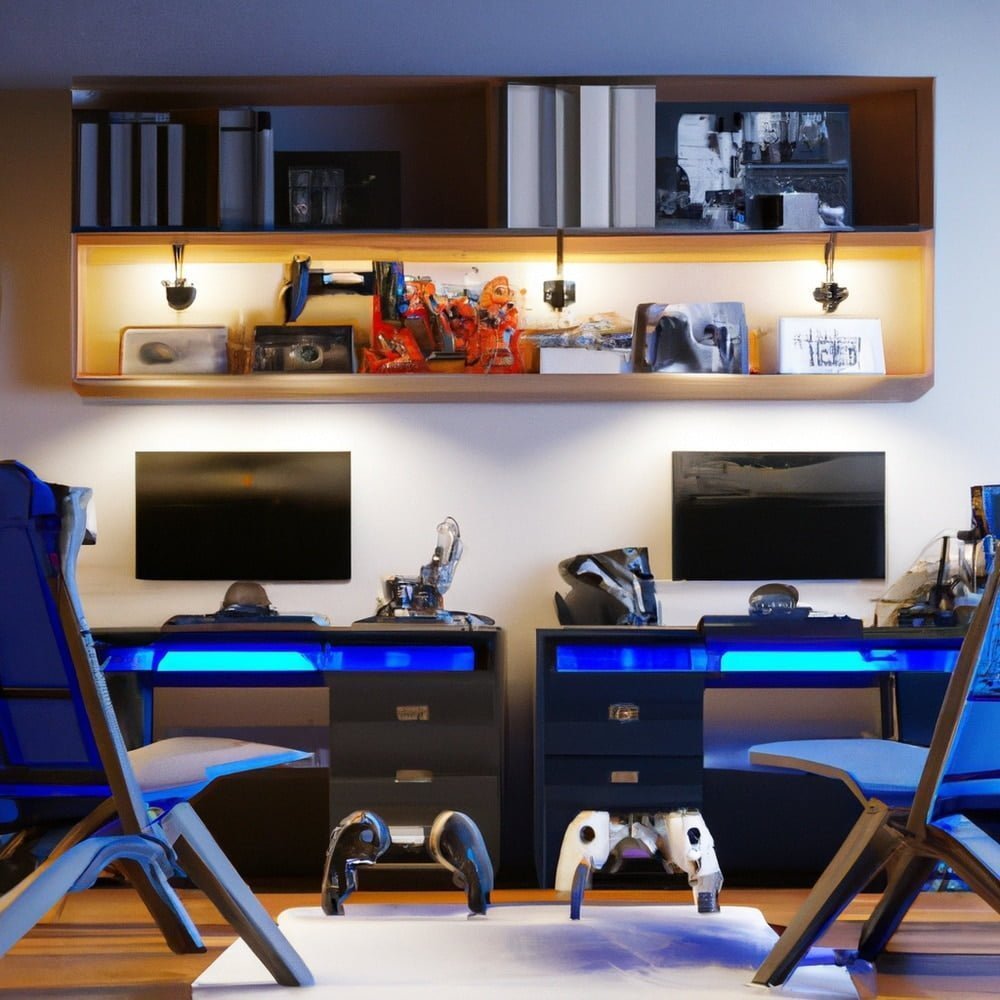 A gaming room with shelves filled with books and accessories