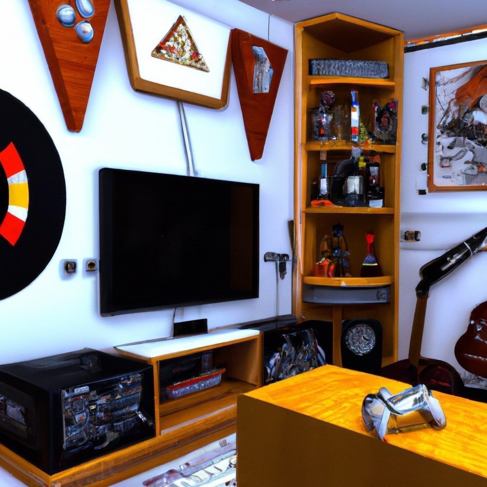 A gaming room with various wall decors and a wall-mounted tv