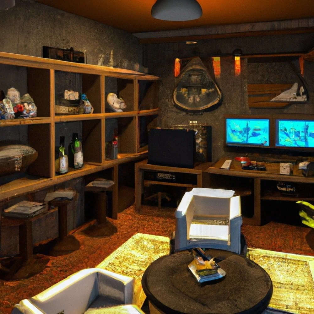 A game room with stools , wooden shelves, a yellow carpet and a pc with two monitors