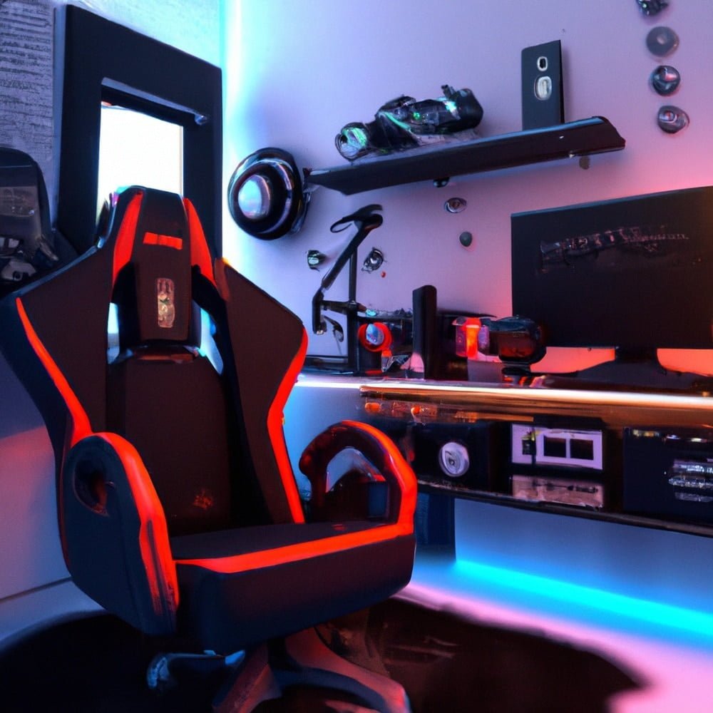 A gaming room with a red-black gaming chair and neon lighted desk with a pc