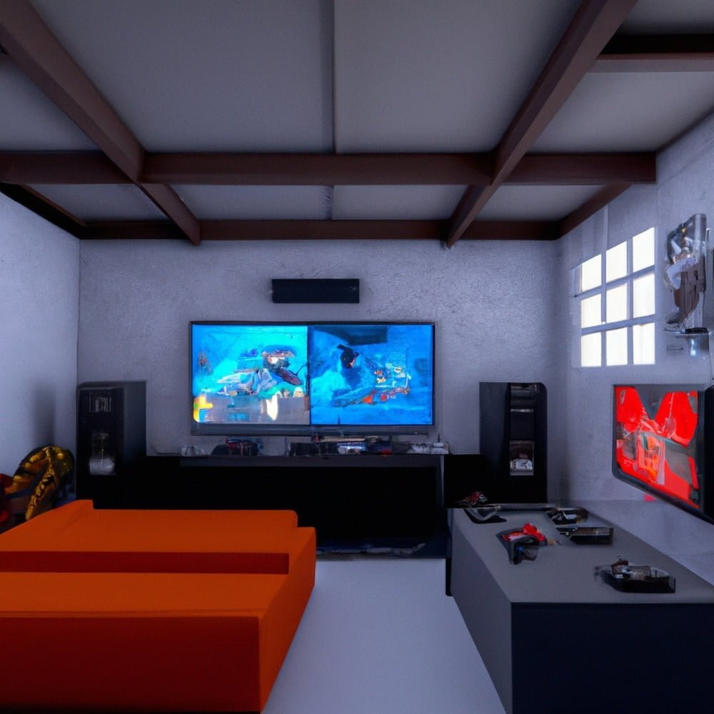 A room with a window, a large tv and a home theater system