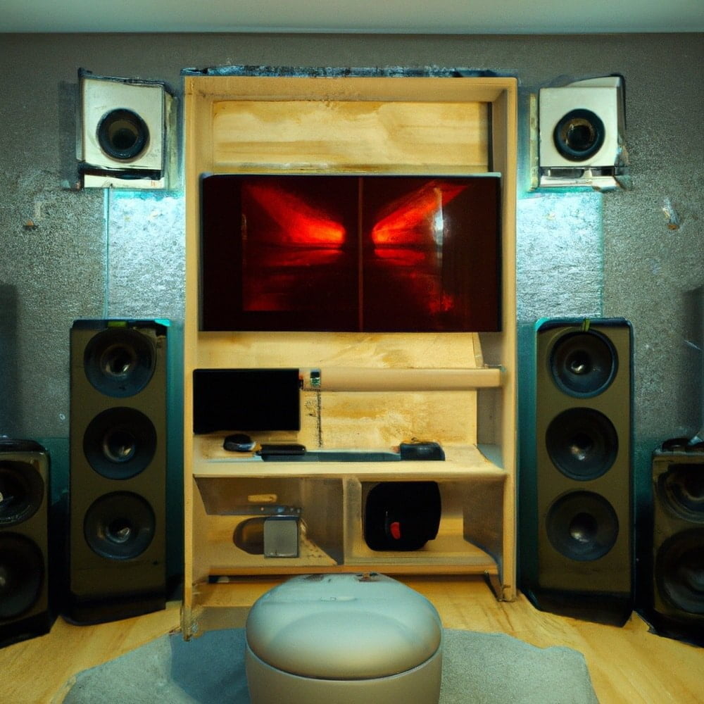 A room with a six speaker sound system, a stool and a tv on the wall
