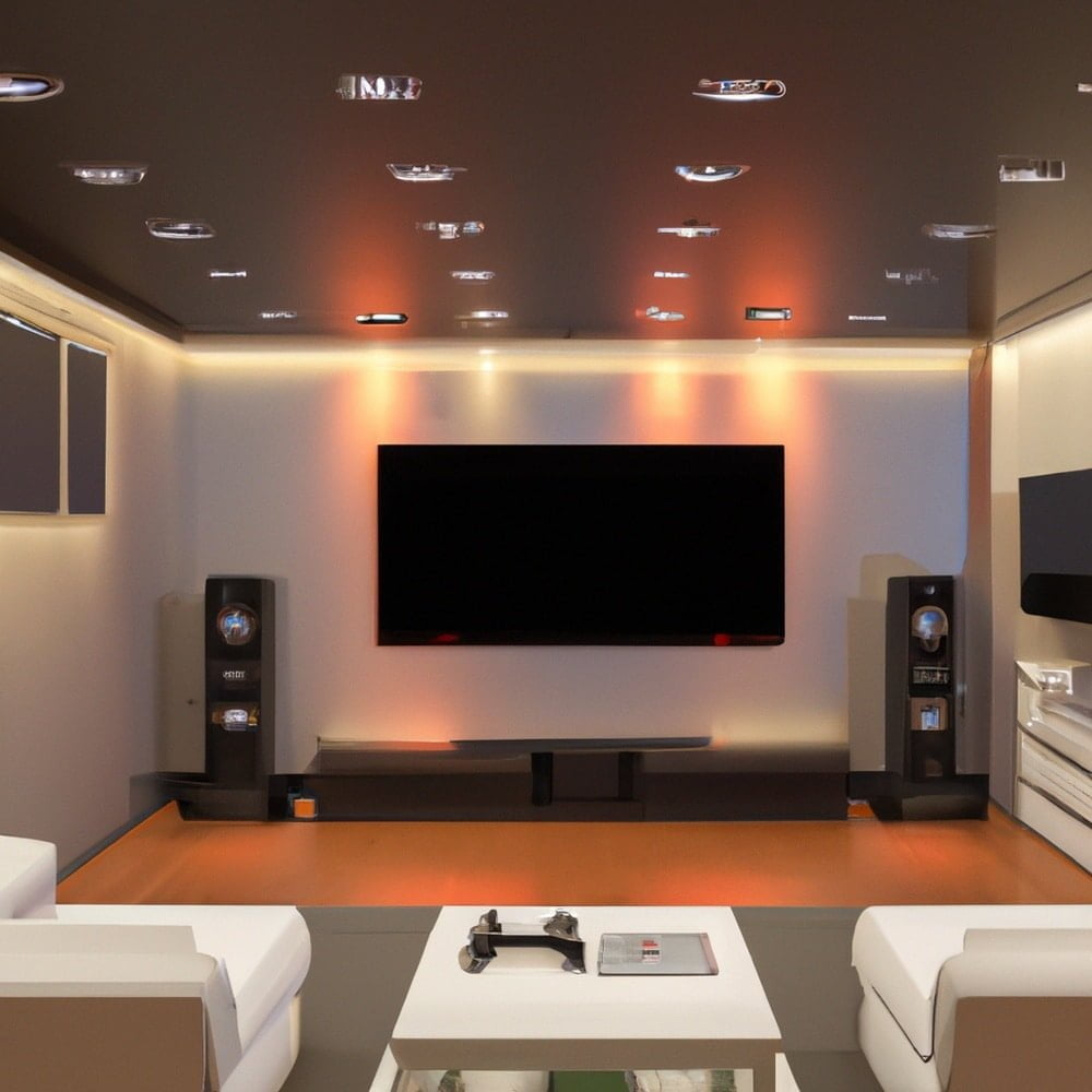 An entertainment room design with spotlights on the ceiling, large tv and sound system