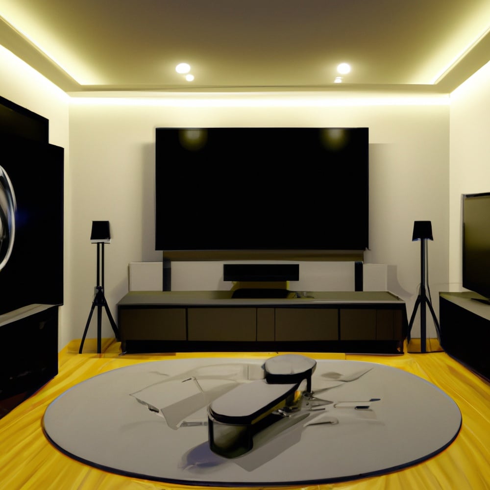 A room with wooden flooring and a large wall-mounted tv with speakers