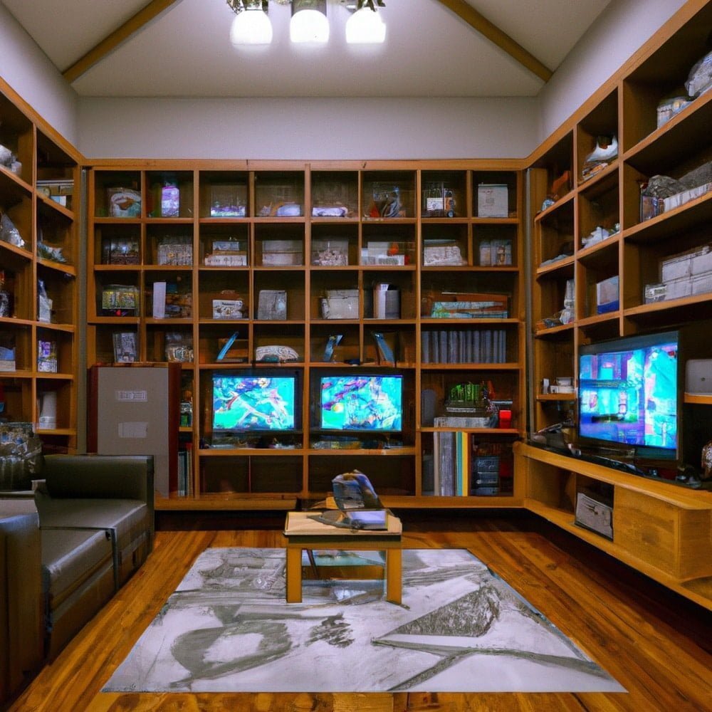 A gaming room design idea with a lot of shelves