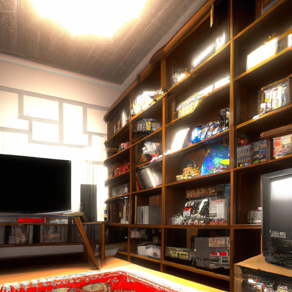 A room idea with wooden shelves and a tv, shelves have game decorations