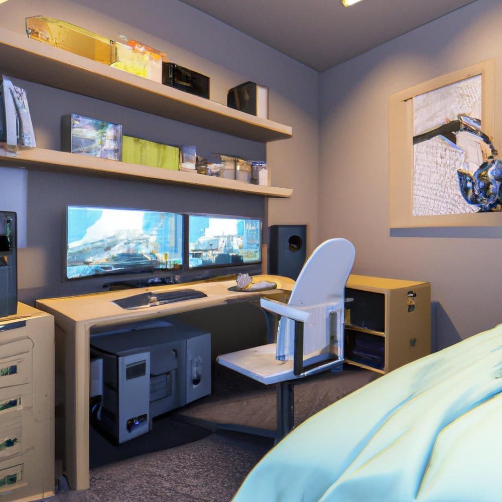 A dorm room with a gaming pc setup, setup is on a wooden desk with drawers
