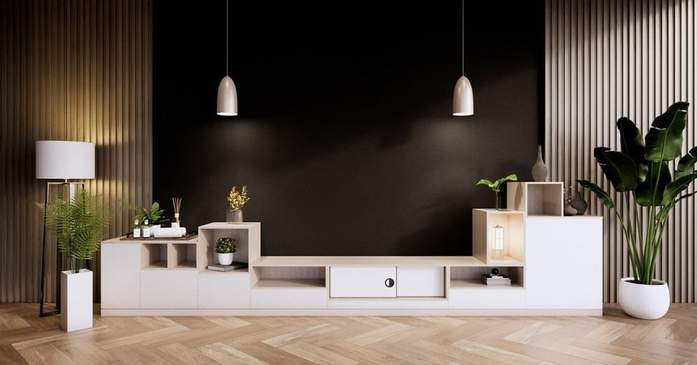 Large tv unit with adjustable shelves in a modern living room
